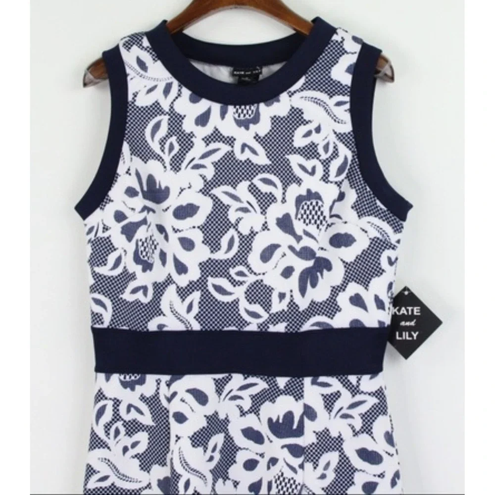 Kate and Lily Fit/Flare Lace Midi Dress Sleeveless 12 Navy White Floral Cottage - Picture 3 of 8